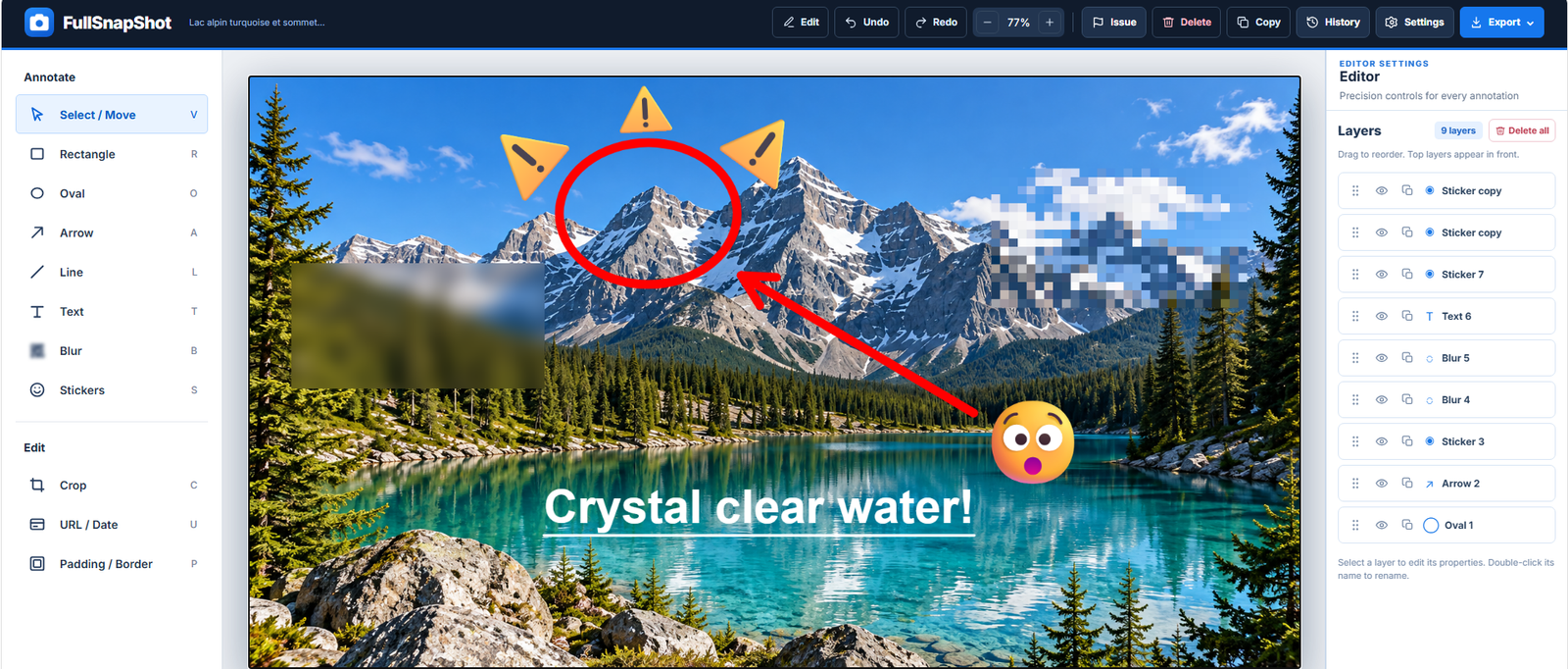Real FullSnapShot editor showing annotation tools and a screenshot with annotations