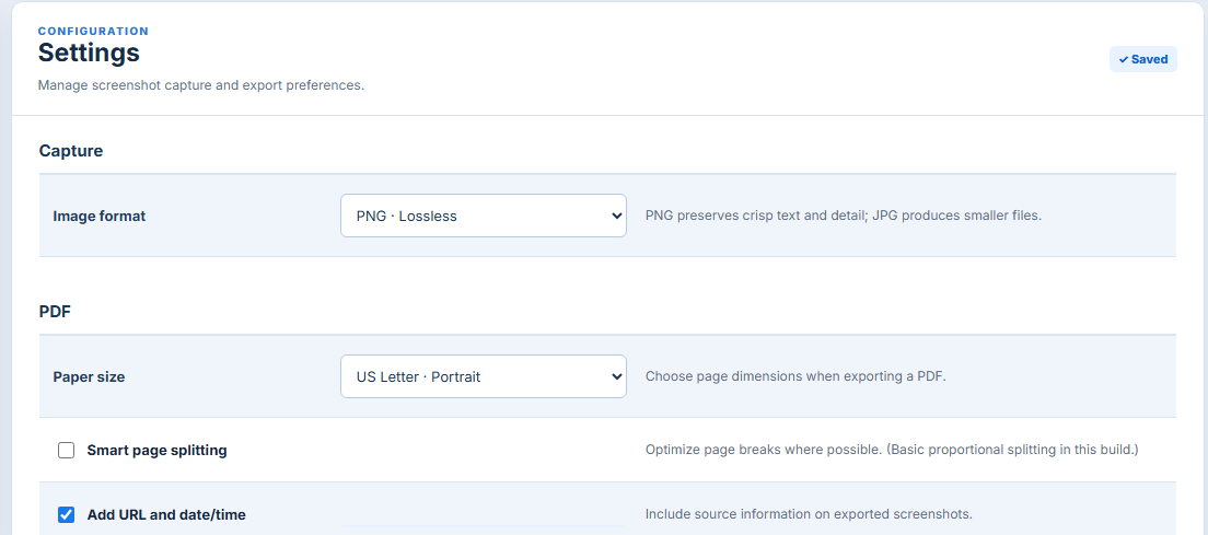 Actual FullSnapShot Settings page showing image format, PDF paper size, smart page splitting, and URL/date preferences